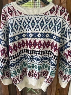 Fair Isle Crewneck Sweater in Ivory with Navy, Burgundy & Teal Accents